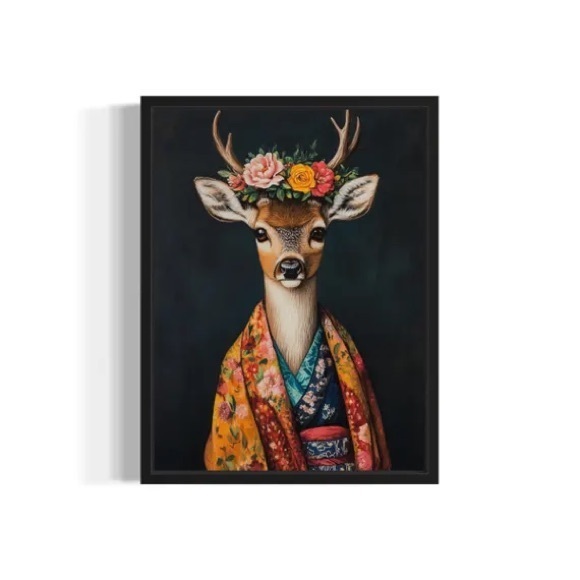 Other - Deer Poster Art Print, Animal Flowers in Kimono Wall Art Decor Painting Artwork